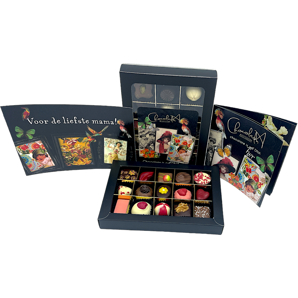
                  
                    Moederdag Design Chocolademix Pralines & Bonbons (15) met Poëzie-Album en kaart.
                  
                