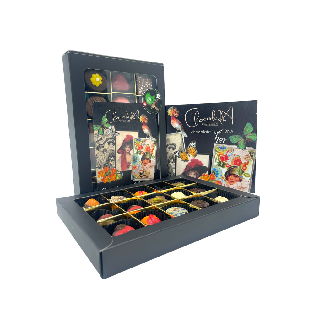 
                  
                    Vegan Moederdag Design Chocolademix Bonbons (15) met Gratis Poëzie-Album en kaart.
                  
                