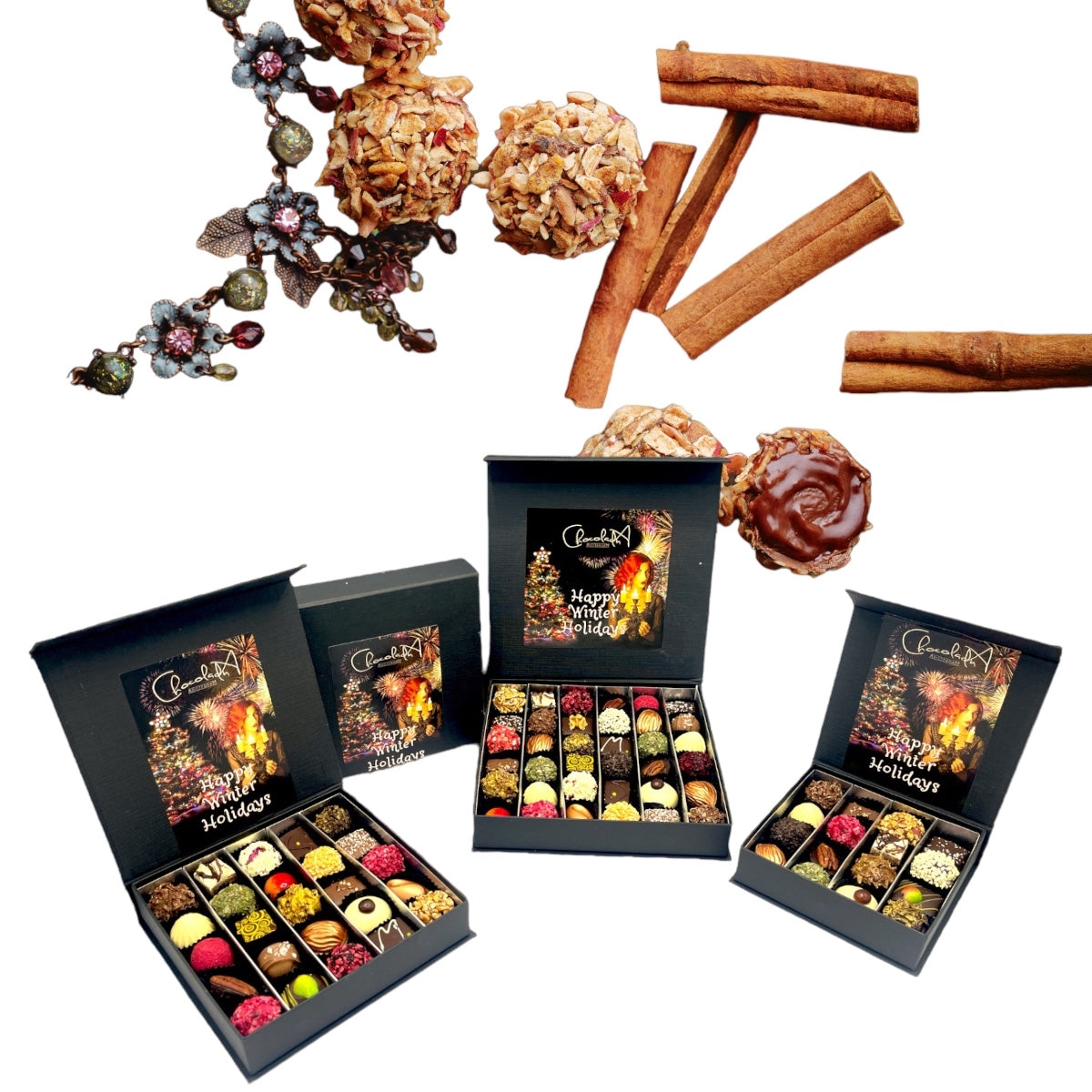 
                  
                    Luxus-Pralinen- und Trüffelschachteln aus Schokolade für den Winterurlaub in verschiedenen Größen
                  
                