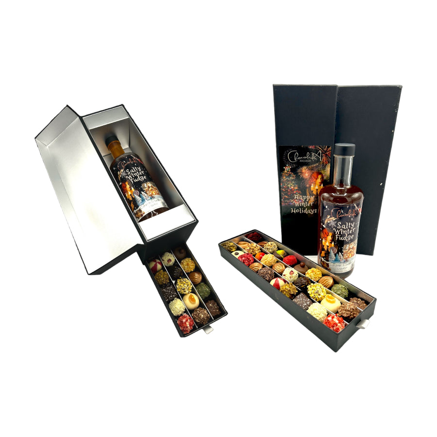 
                  
                    Luxuriöse Schubladenbox mit Winterferien-Design, 30 Pralinen und salzigem Schokoladen-/Karamelllikör
                  
                