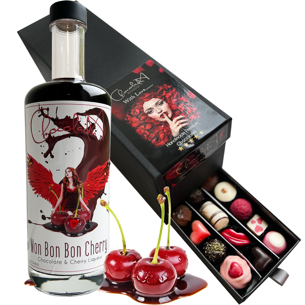 Love Drinks & Chocolate „Mon Cherry“: Luxus-Schubladenbox mit Mon Cherry-Likör und Pralinen