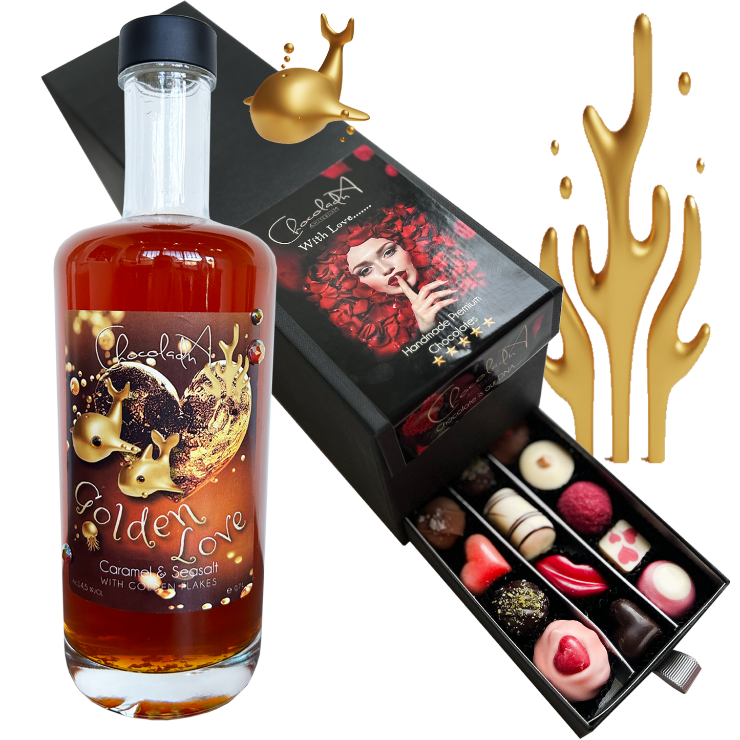 
                  
                    Love Drinks &amp; Chocolate 'Golden Love': luxurious drawer box with Salty Caramel Liqueur &amp; Pralines
                  
                