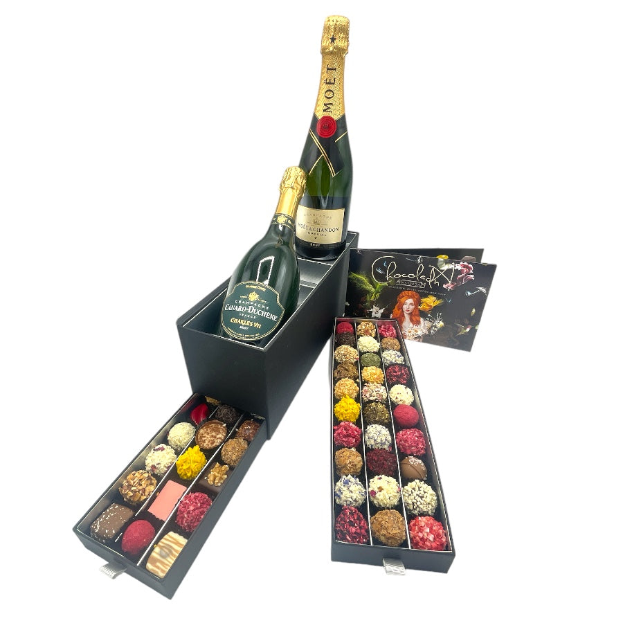
                  
                    Champagne and Chocolate in drawer boxes with Winter Holiday design
                  
                
