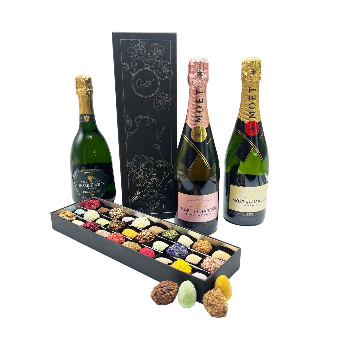 
                  
                    Champagne and Chocolate in drawer boxes with Winter Holiday design
                  
                