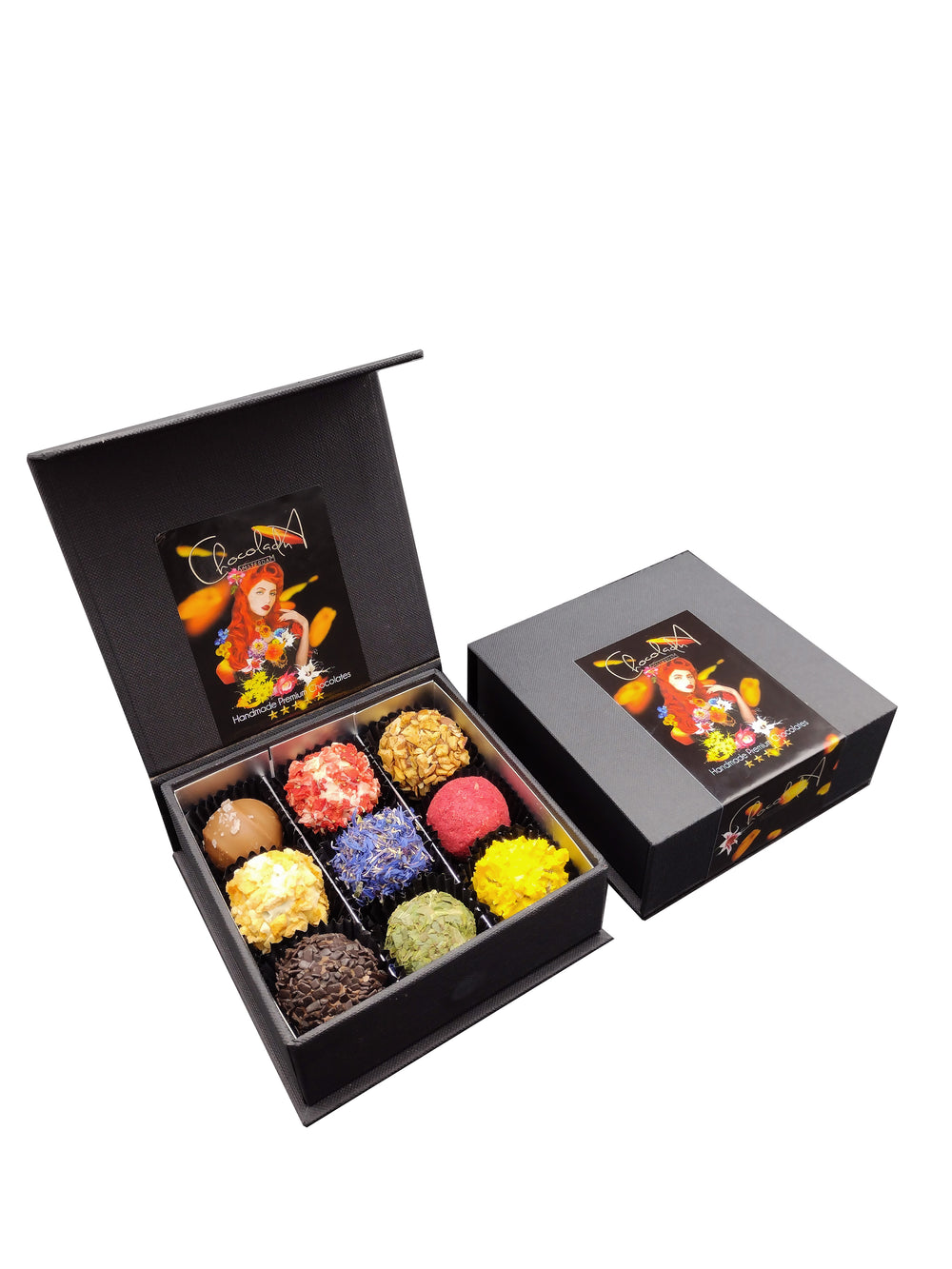 TRÜFFEL-ChocolaDNA-Handgemachte exklusive Schokoladentrüffel – Set mit 2 Schachteln (2 x 9 Trüffel)